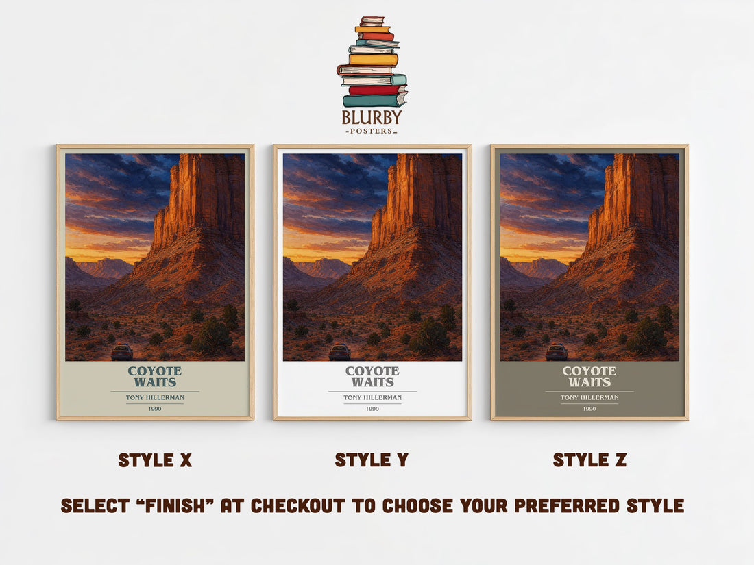 Coyote Waits book cover print in frame leaning in hallway – mystery wall art (mockup)