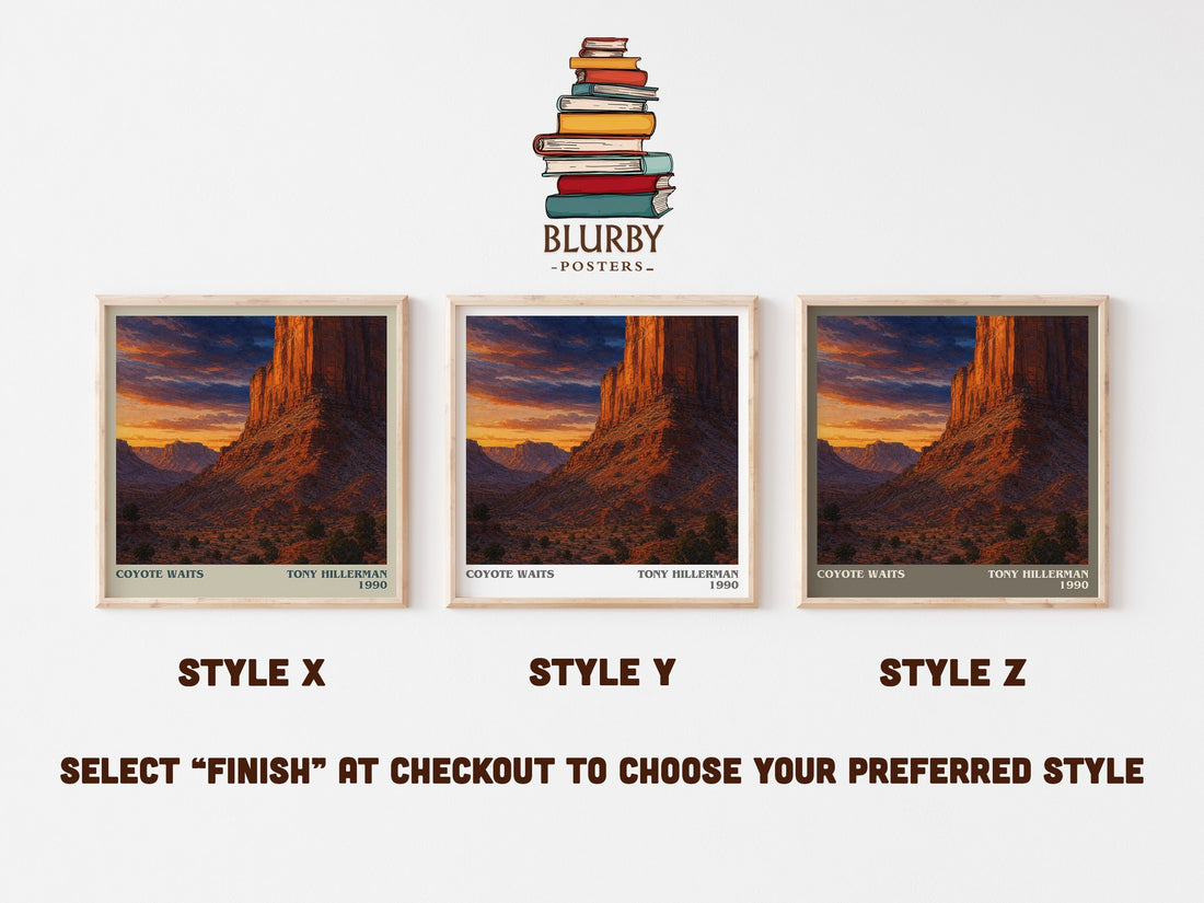 Coyote Waits literary print in frame leaning in hallway – mystery wall art (mockup)