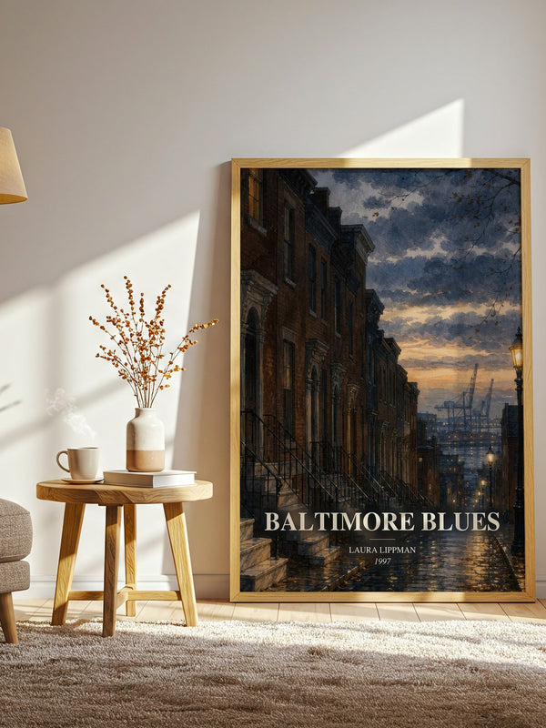 Baltimore Blues watercolour print in frame leaning in hallway – crime wall art
