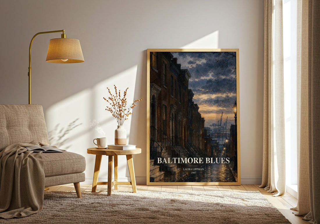 Baltimore Blues watercolour print in frame leaning in hallway – crime wall art (mockup)
