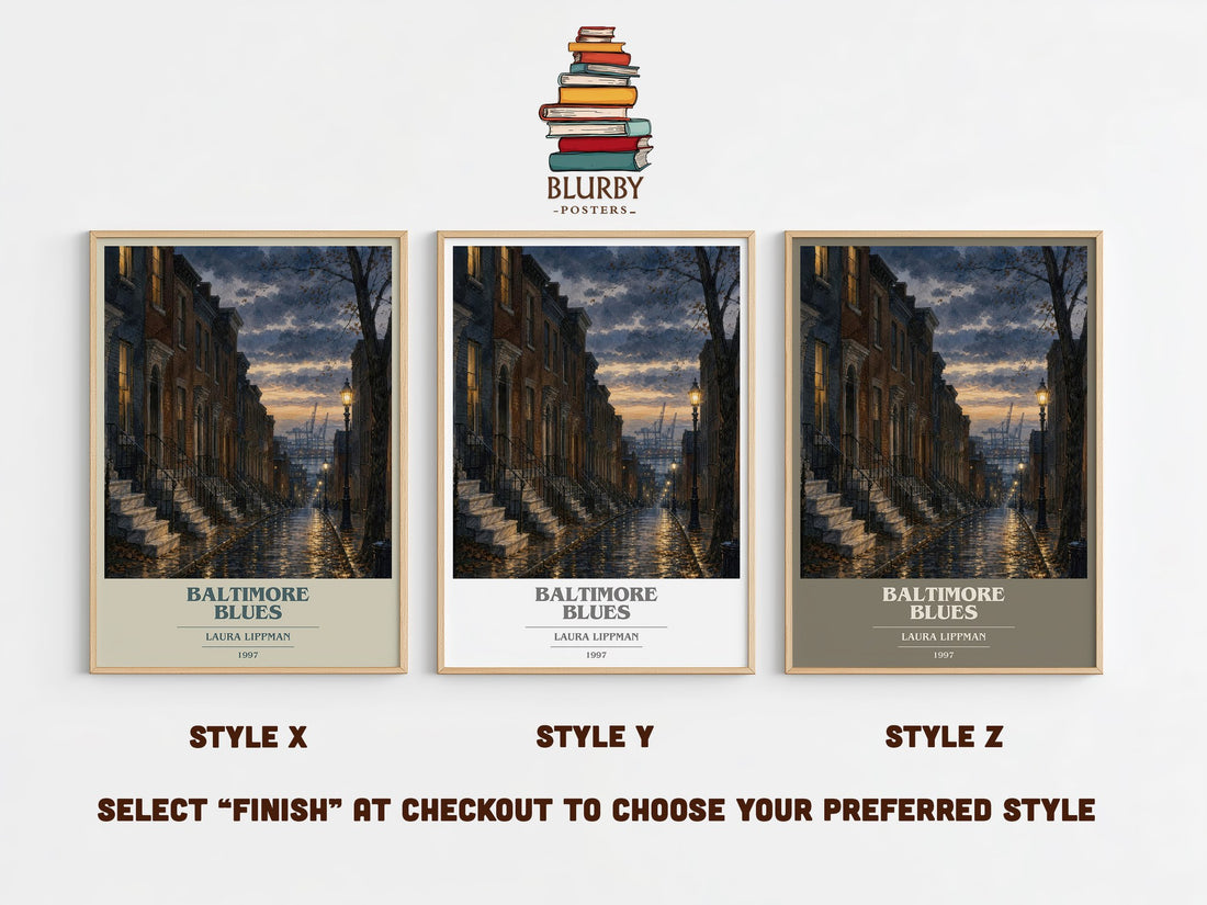 Baltimore Blues book cover print in frame leaning in hallway – crime wall art (mockup)
