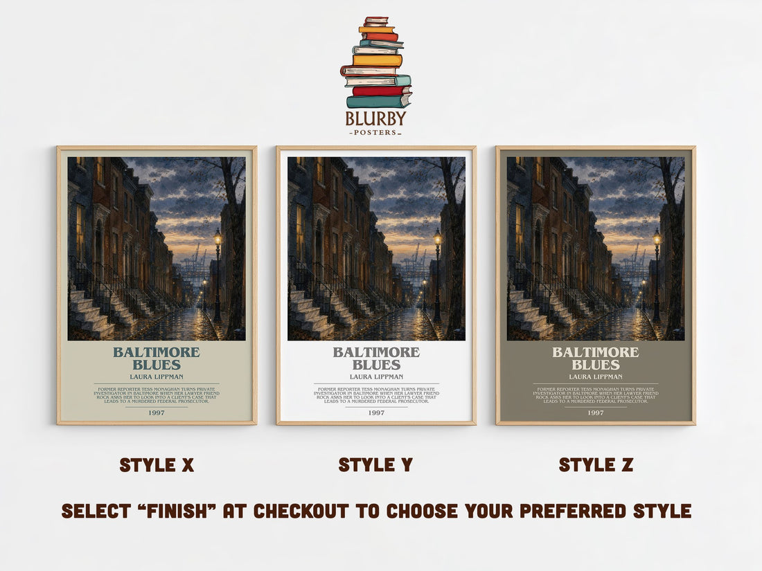 Baltimore Blues bookish print in frame leaning in hallway – crime wall art (mockup)