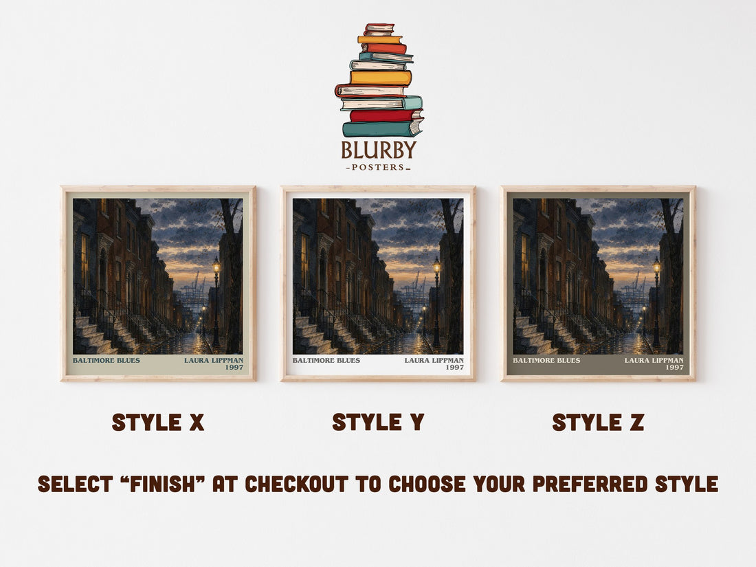 Baltimore Blues literary print in frame leaning in hallway – crime wall art (mockup)