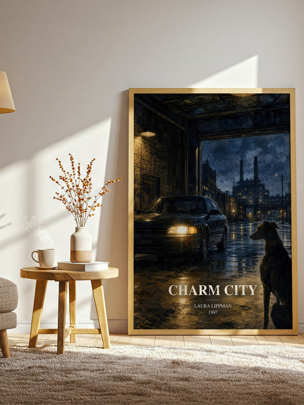 Charm City watercolour print in frame leaning in hallway – crime wall art