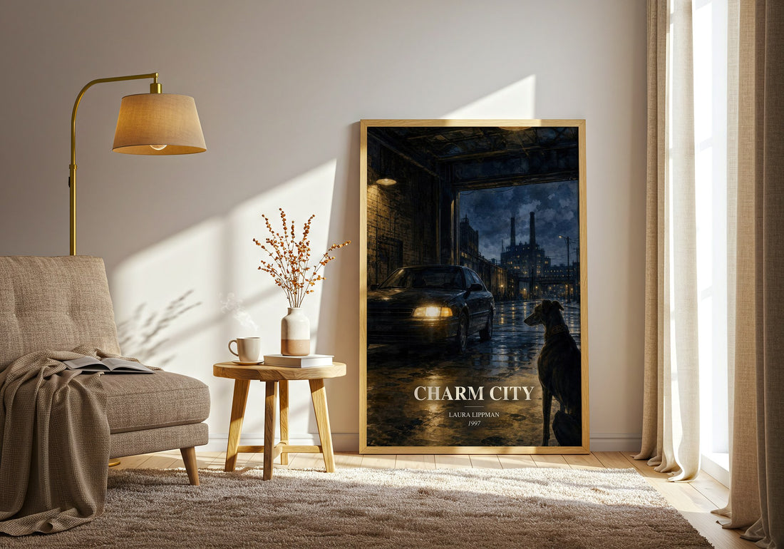 Charm City watercolour print in frame leaning in hallway – crime wall art (mockup)