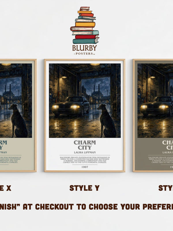 Charm City bookish print in frame leaning in hallway – crime wall art