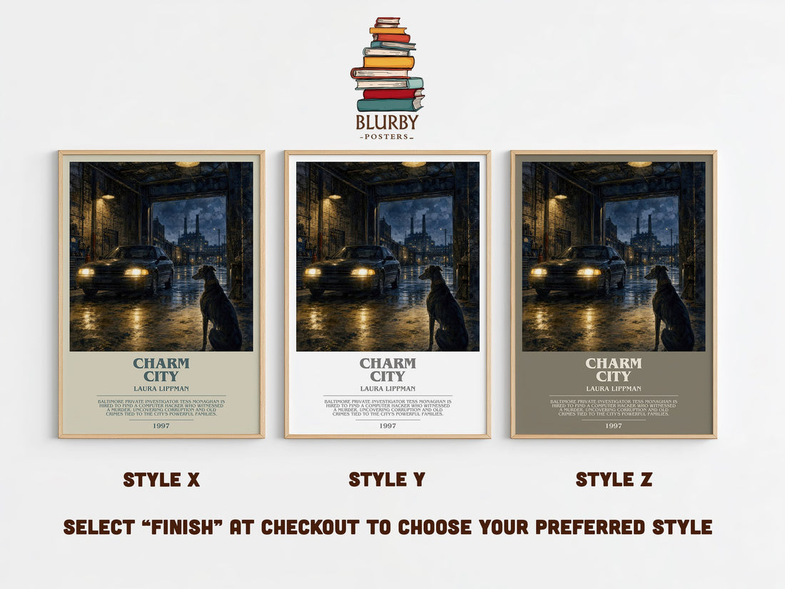 Charm City bookish print in frame leaning in hallway – crime wall art (mockup)