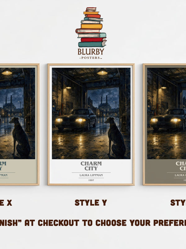 Charm City book cover print in frame leaning in hallway – crime wall art