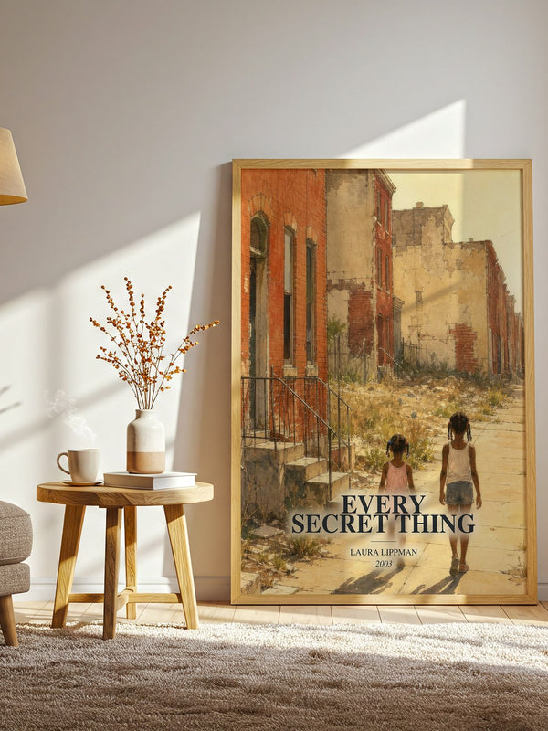 Every Secret Thing watercolour print in frame leaning in hallway – crime wall art