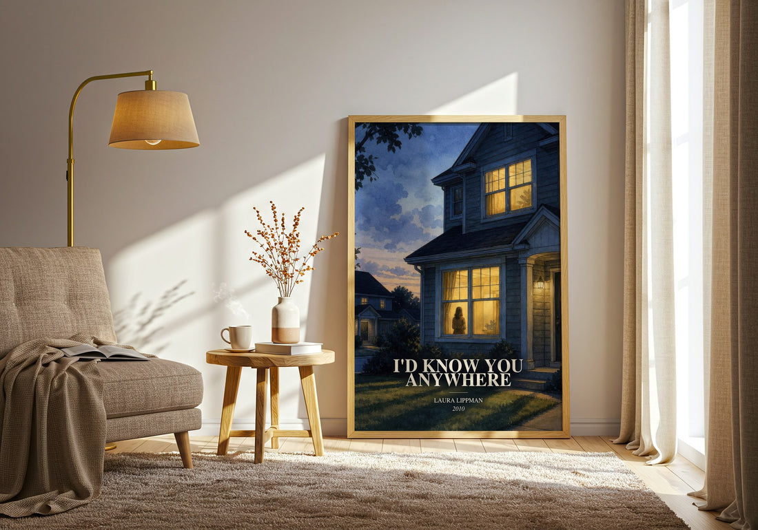 I'd Know You Anywhere watercolour print in frame leaning in hallway – thriller wall art (mockup)