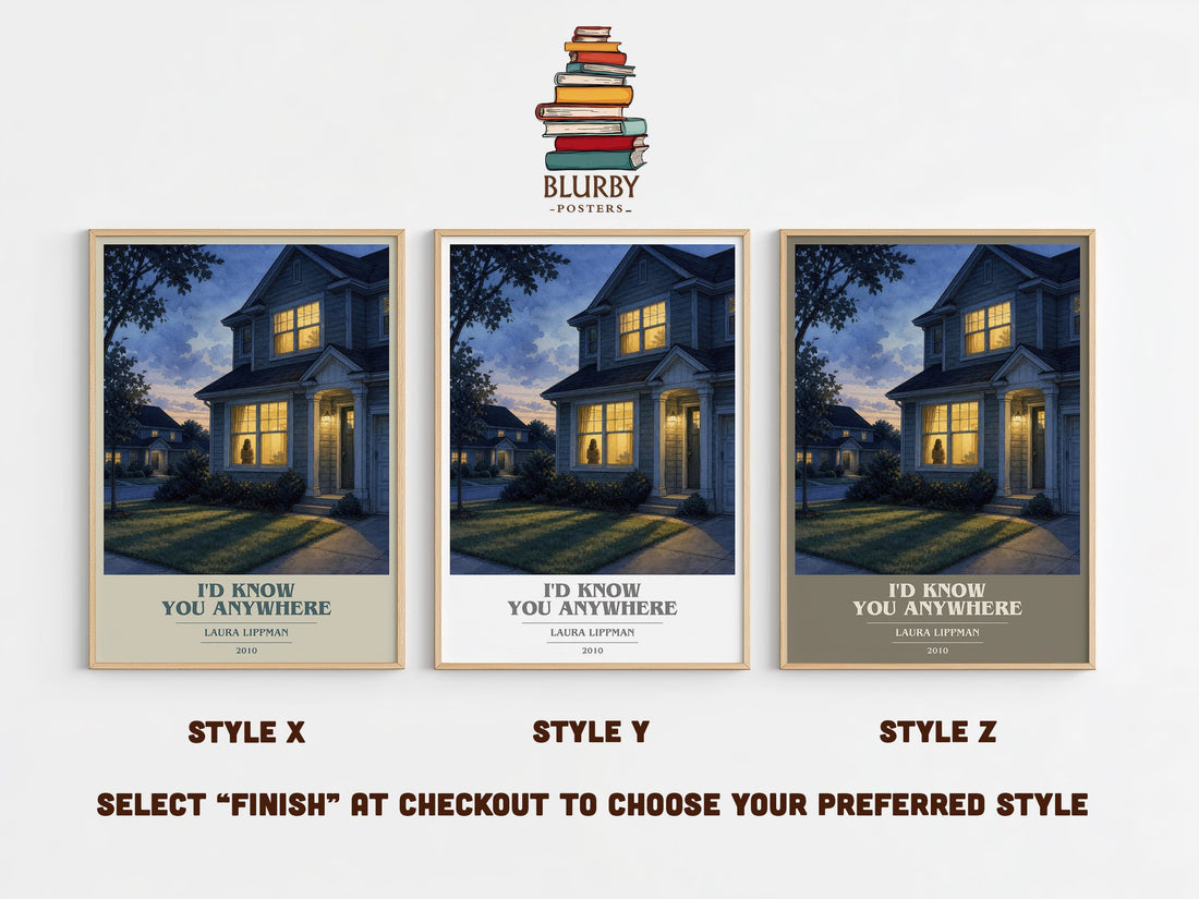 I'd Know You Anywhere book cover print in frame leaning in hallway – thriller wall art (mockup)