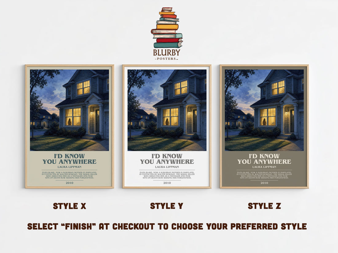 I'd Know You Anywhere bookish print in frame leaning in hallway – thriller wall art (mockup)