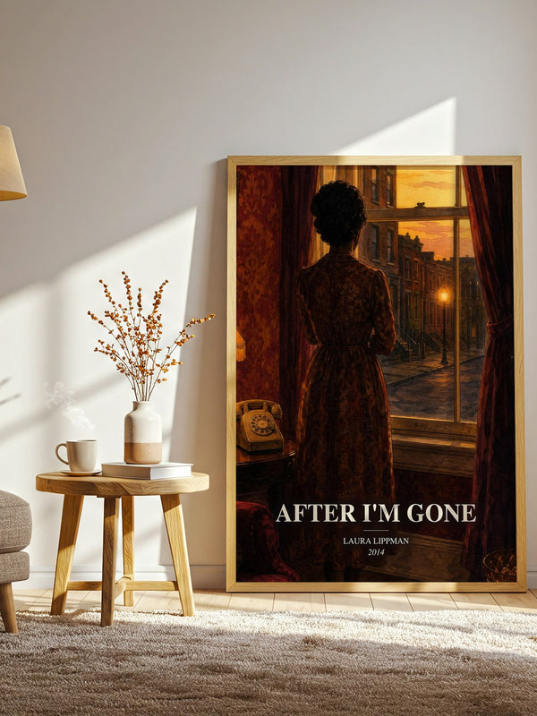 After I'm Gone watercolour print in frame leaning in hallway – crime wall art