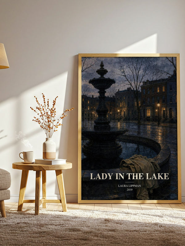 Lady in the Lake watercolour print in frame leaning in hallway – crime wall art