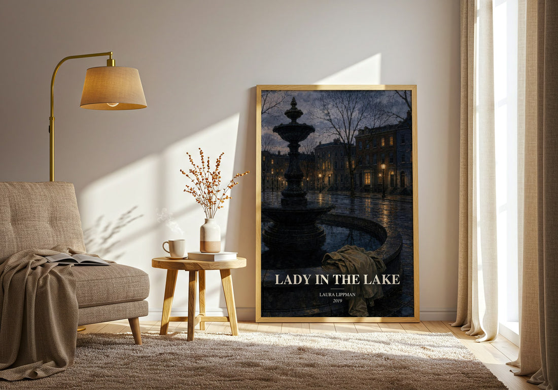 Lady in the Lake watercolour print in frame leaning in hallway – crime wall art (mockup)