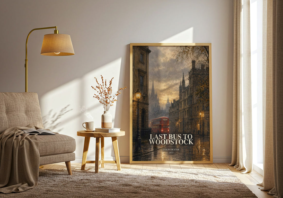Last Bus to Woodstock watercolour print in frame leaning in hallway – mystery wall art (mockup)