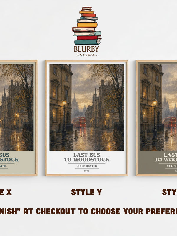 Last Bus to Woodstock book cover print in frame leaning in hallway – mystery wall art