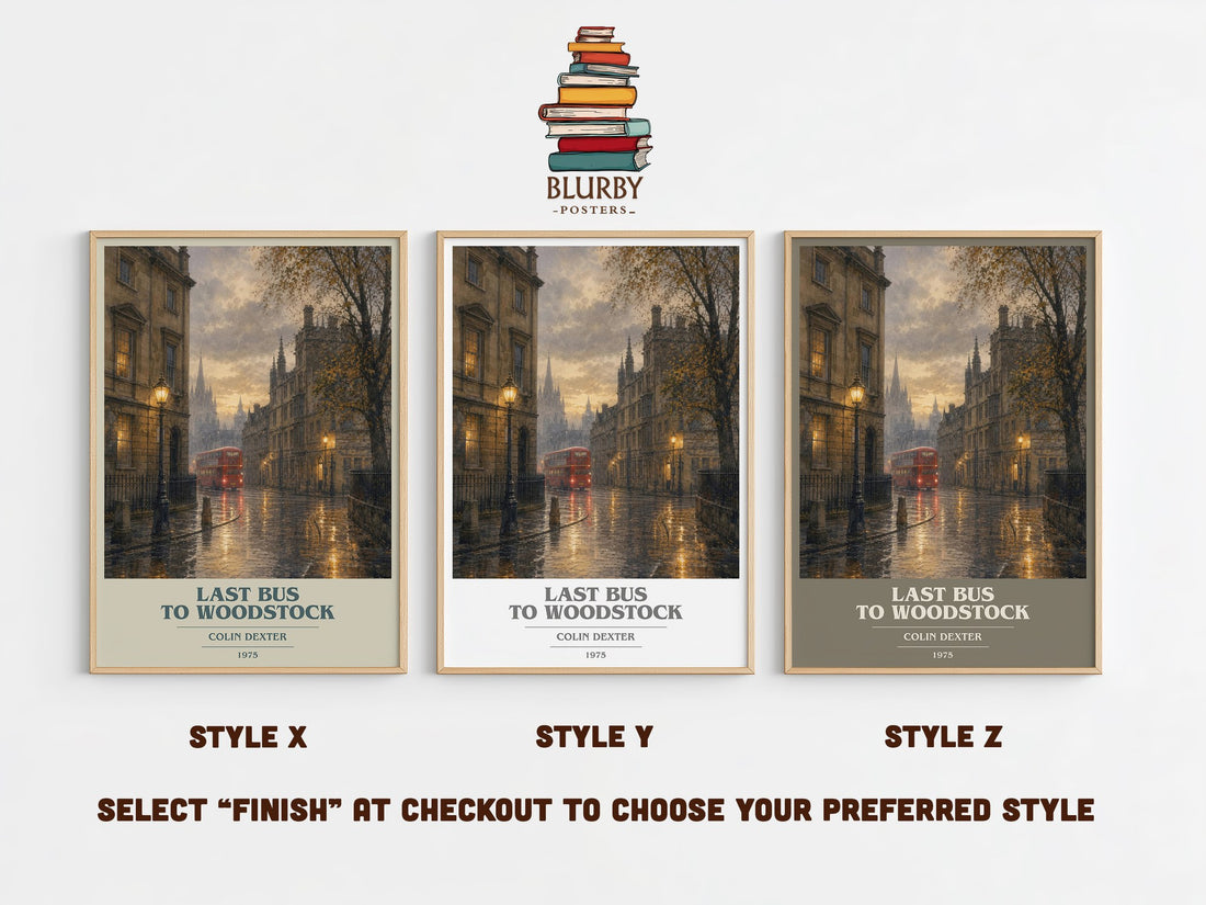 Last Bus to Woodstock book cover print in frame leaning in hallway – mystery wall art (mockup)