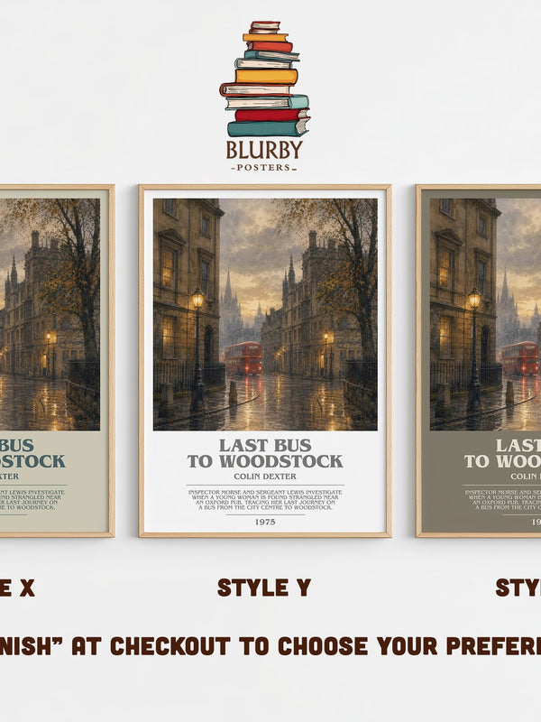 Last Bus to Woodstock bookish print in frame leaning in hallway – mystery wall art