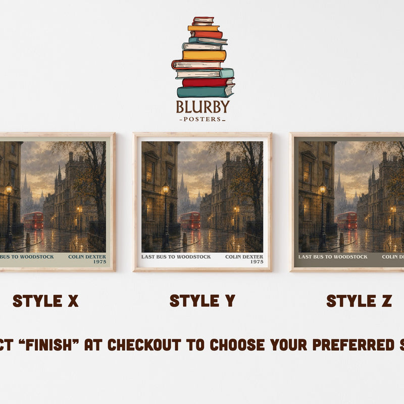 Last Bus to Woodstock literary print in frame leaning in hallway – mystery wall art