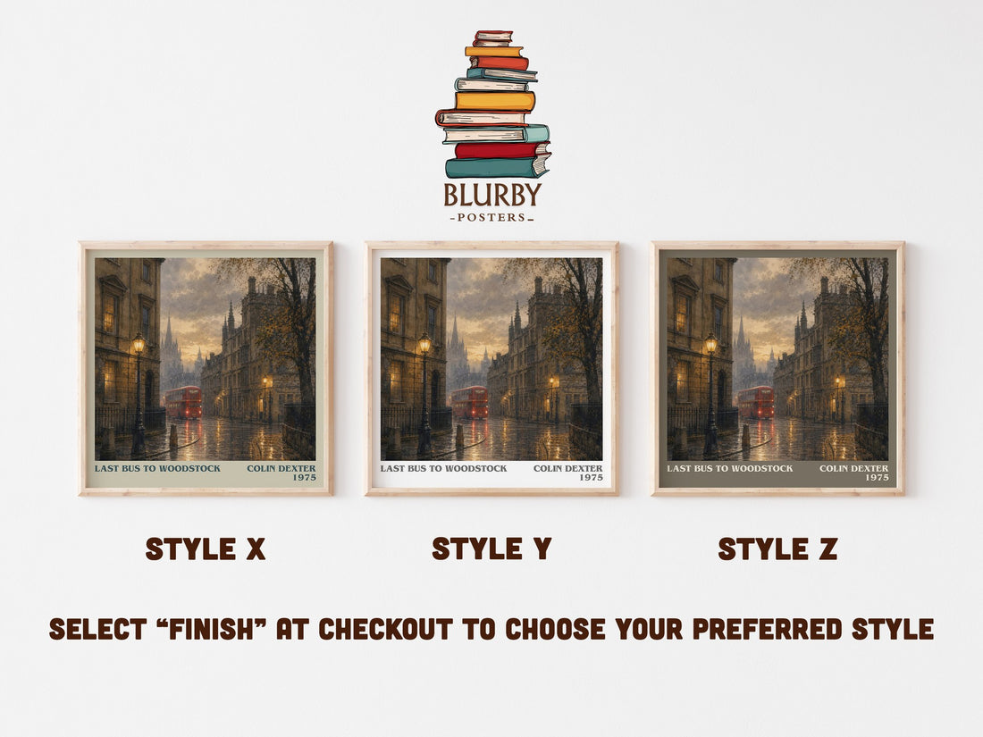 Last Bus to Woodstock literary print in frame leaning in hallway – mystery wall art (mockup)