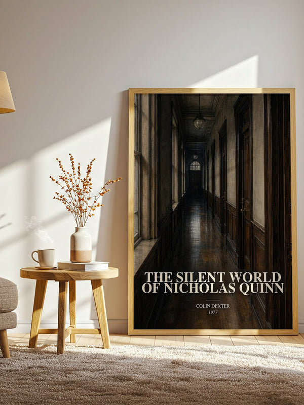The Silent World of Nicholas Quinn watercolour print in frame leaning in hallway – crime wall art
