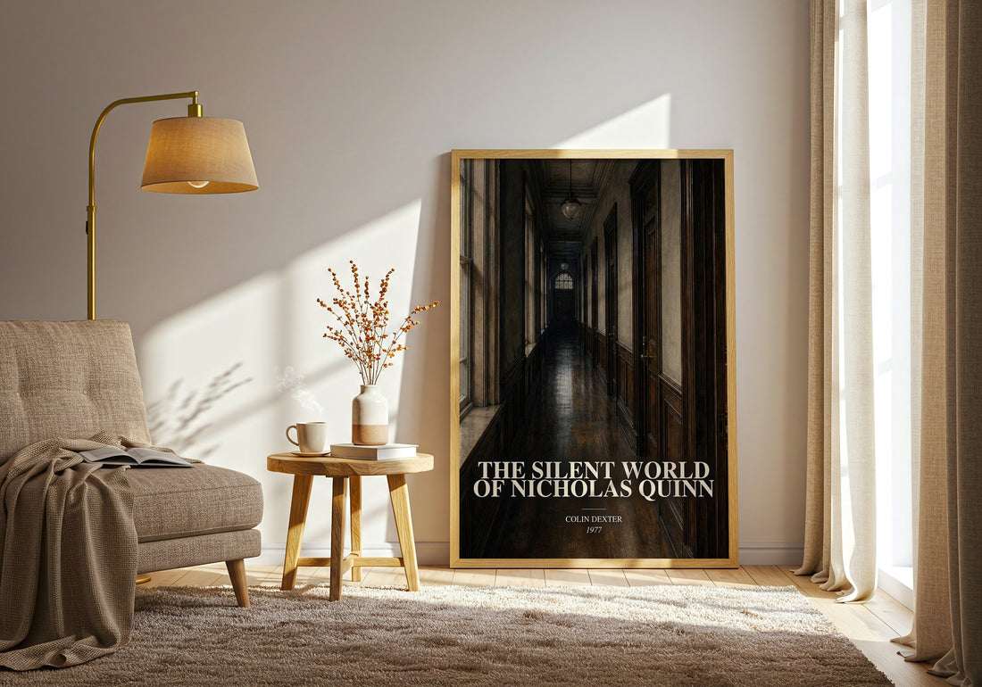 The Silent World of Nicholas Quinn watercolour print in frame leaning in hallway – crime wall art (mockup)