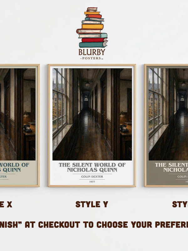 The Silent World of Nicholas Quinn book cover print in frame leaning in hallway – crime wall art
