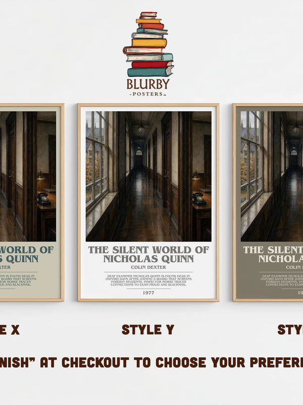 The Silent World of Nicholas Quinn bookish print in frame leaning in hallway – crime wall art