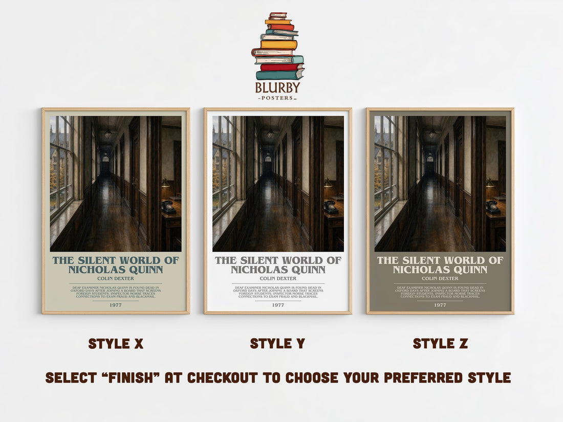 The Silent World of Nicholas Quinn bookish print in frame leaning in hallway – crime wall art (mockup)