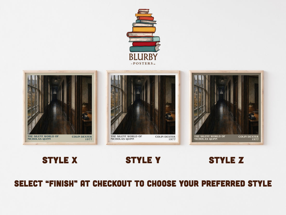 The Silent World of Nicholas Quinn literary print in frame leaning in hallway – crime wall art (mockup)