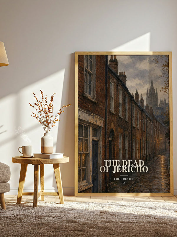 The Dead of Jericho watercolour print in frame leaning in hallway – crime wall art