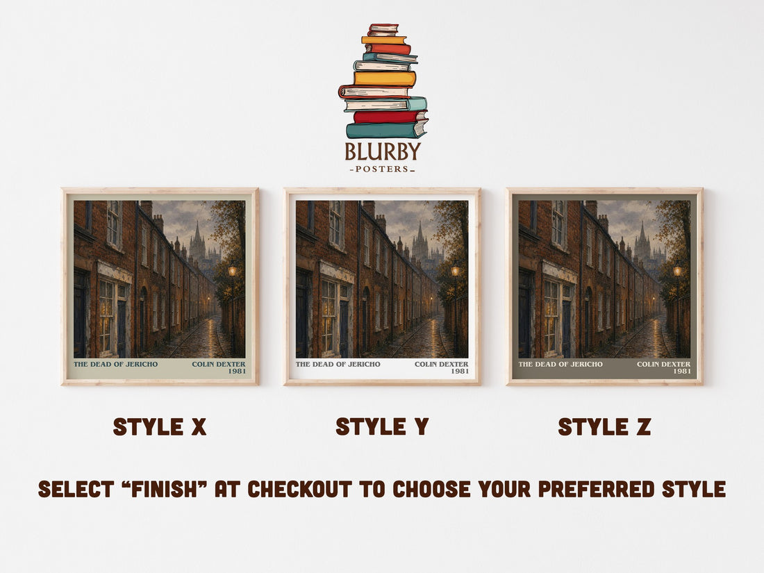 The Dead of Jericho literary print in frame leaning in hallway – crime wall art (mockup)