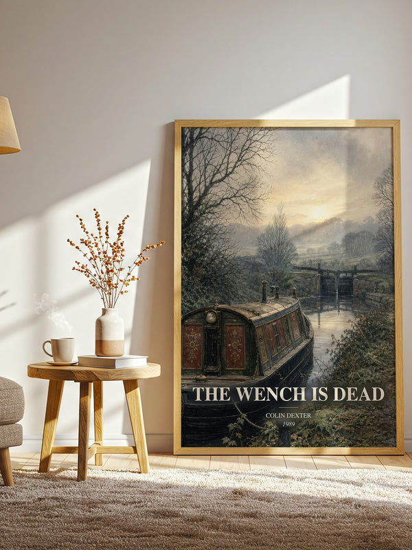The Wench Is Dead watercolour print in frame leaning in hallway – crime wall art