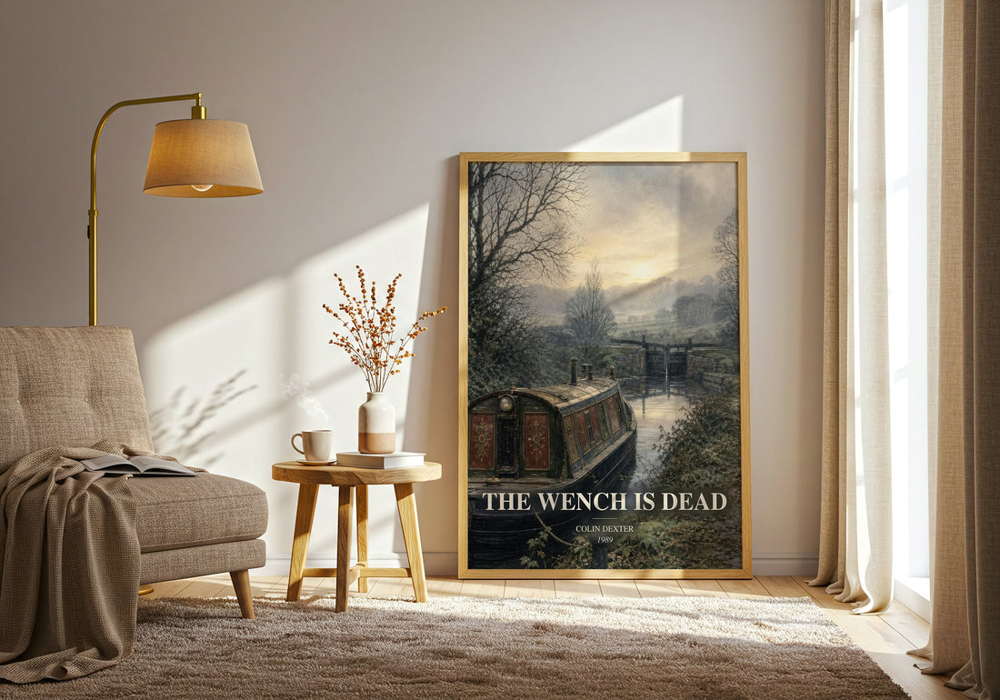 The Wench Is Dead watercolour print in frame leaning in hallway – crime wall art (mockup)