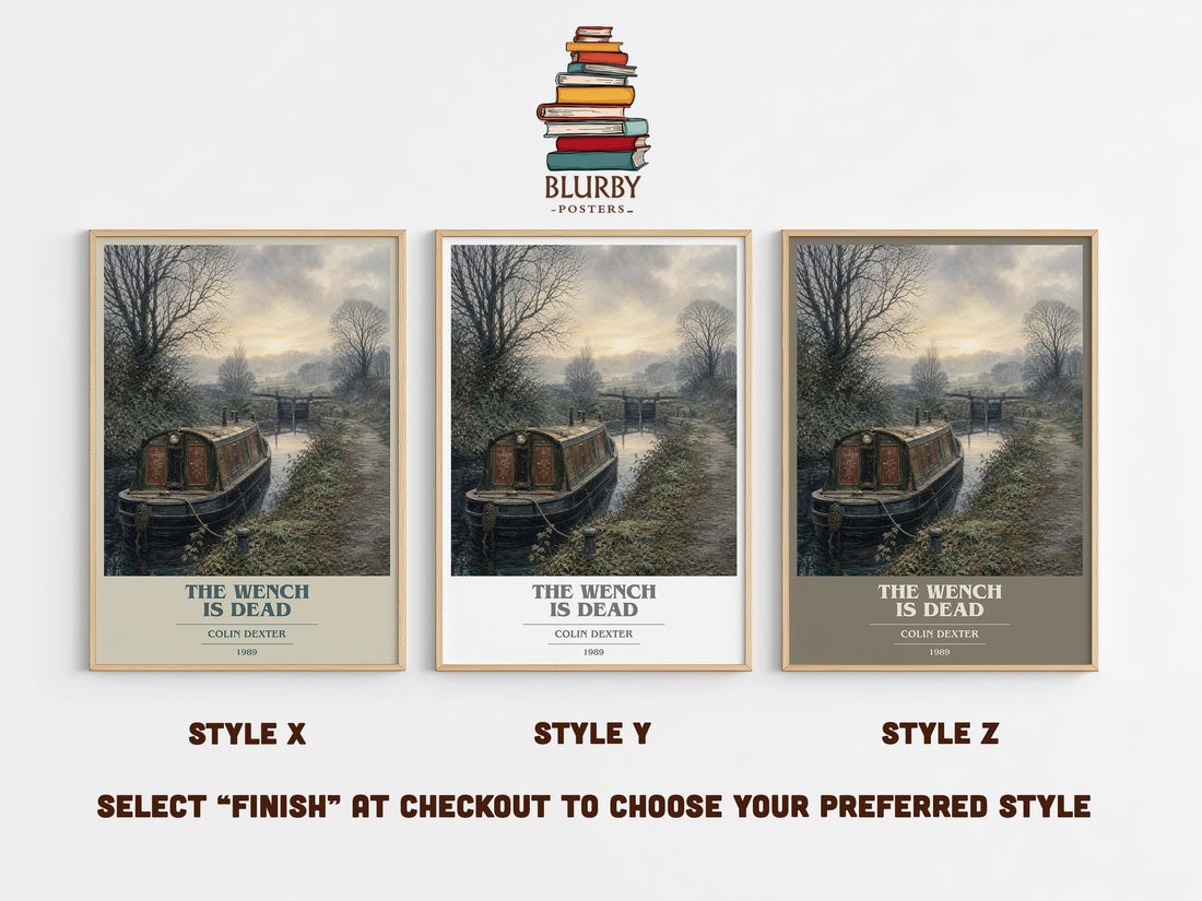 The Wench Is Dead book cover print in frame leaning in hallway – crime wall art (mockup)