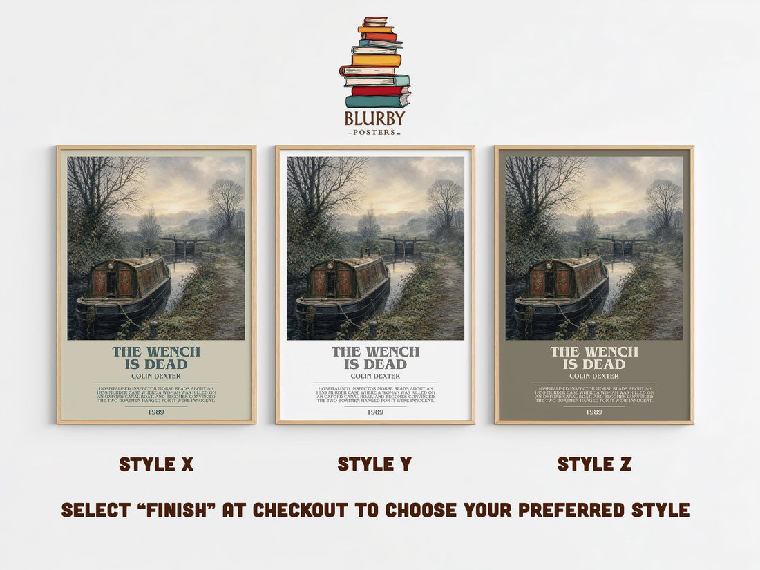 The Wench Is Dead bookish print in frame leaning in hallway – crime wall art (mockup)