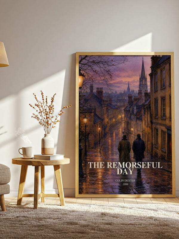 The Remorseful Day watercolour print in frame leaning in hallway – crime wall art