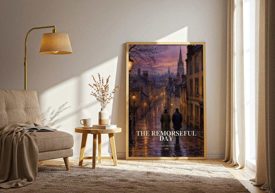 The Remorseful Day watercolour print in frame leaning in hallway – crime wall art (mockup)