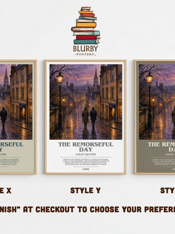 The Remorseful Day bookish print in frame leaning in hallway – crime wall art