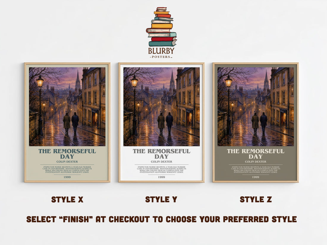 The Remorseful Day bookish print in frame leaning in hallway – crime wall art (mockup)