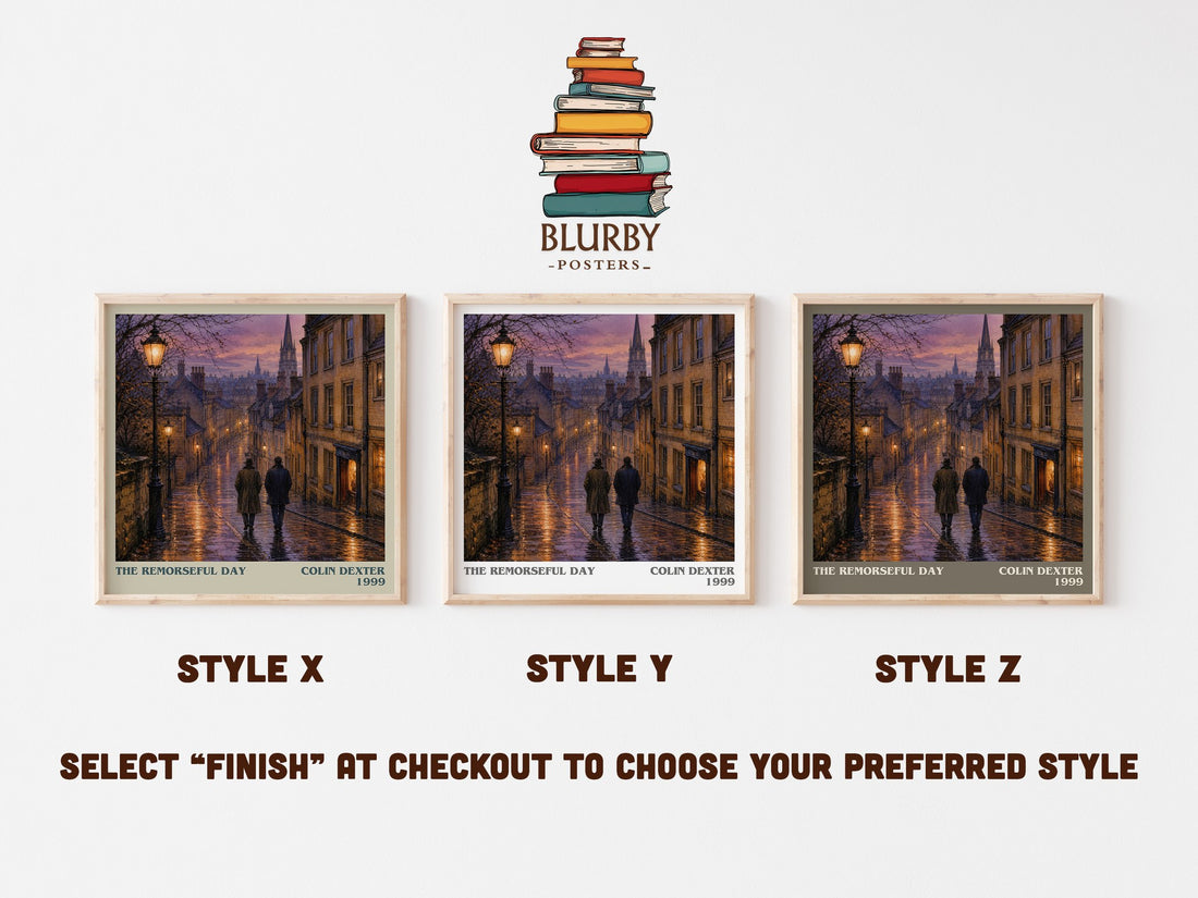 The Remorseful Day literary print in frame leaning in hallway – crime wall art (mockup)