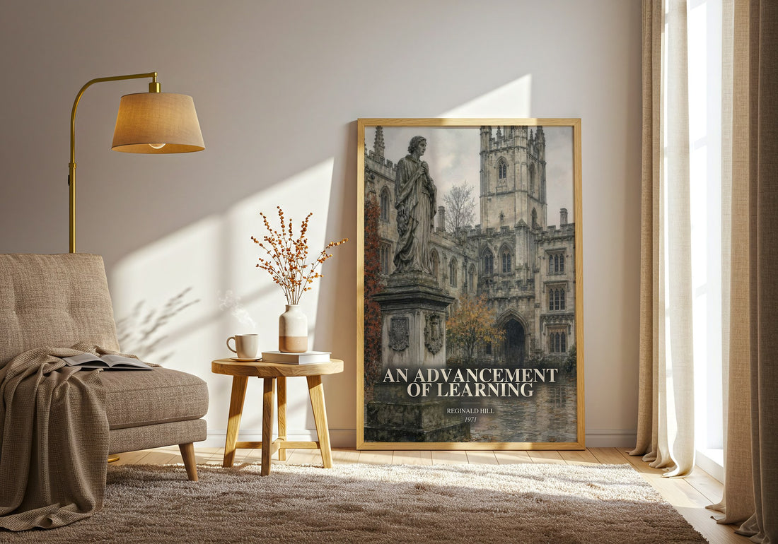 An Advancement of Learning watercolour print in frame leaning in hallway – crime wall art (mockup)