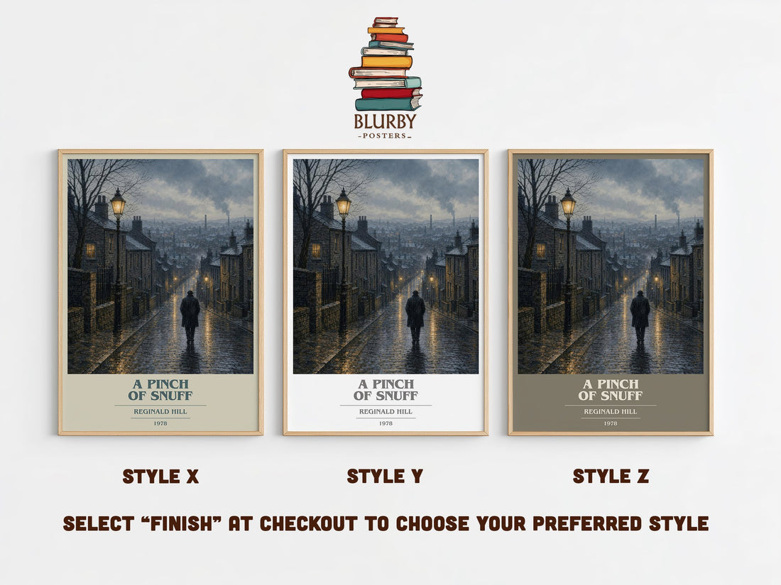 A Pinch of Snuff book cover print in frame leaning in hallway – crime wall art (mockup)
