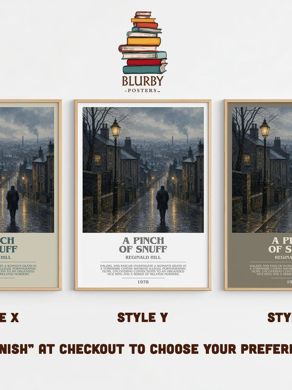 A Pinch of Snuff bookish print in frame leaning in hallway – crime wall art