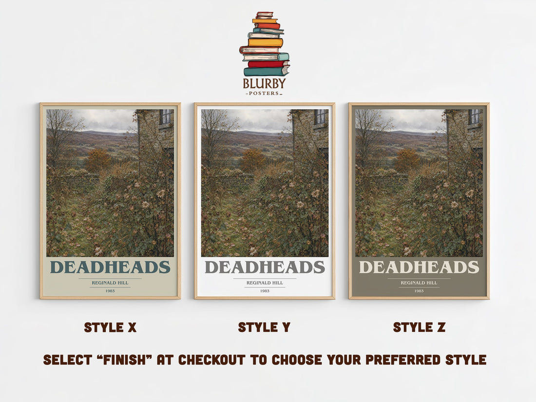Deadheads book cover print in frame leaning in hallway – crime wall art (mockup)