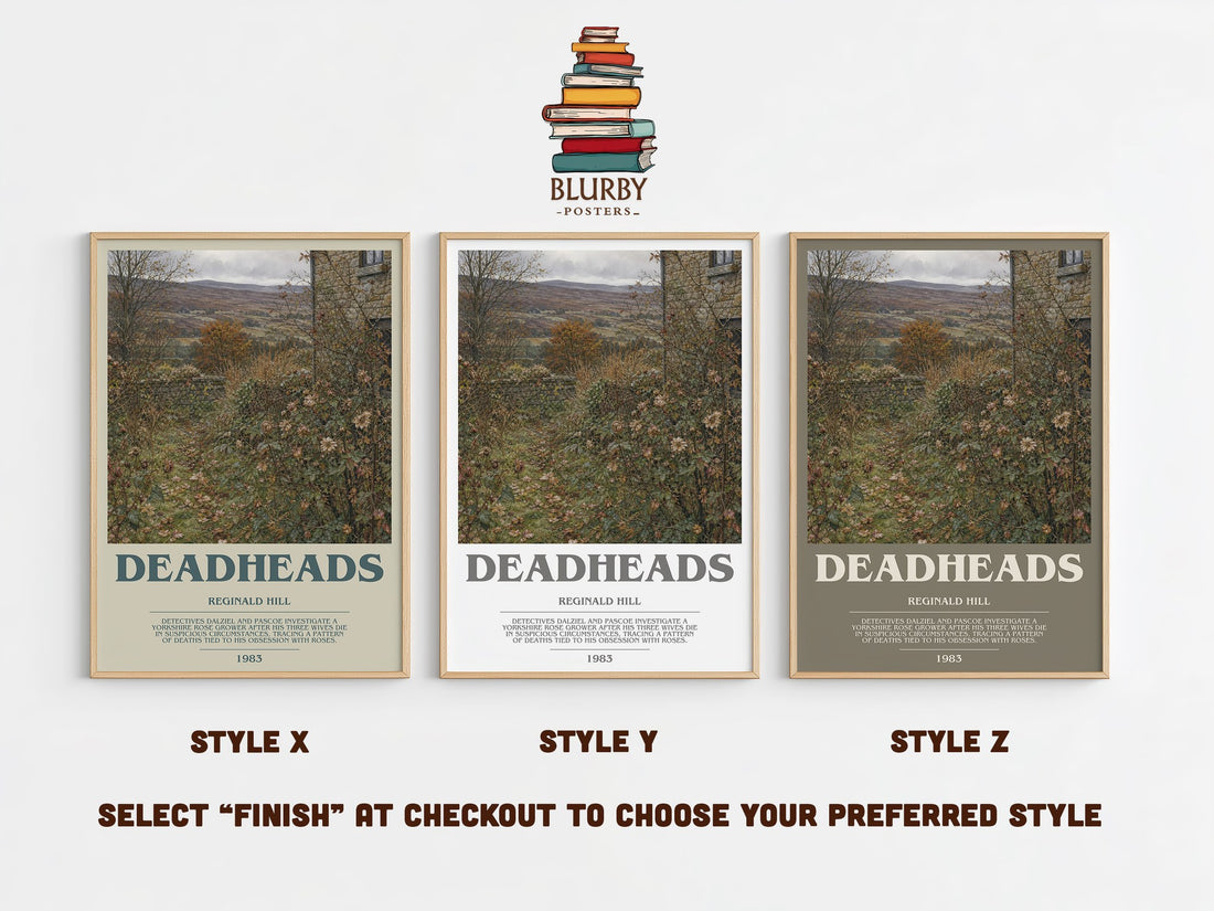 Deadheads bookish print in frame leaning in hallway – crime wall art (mockup)