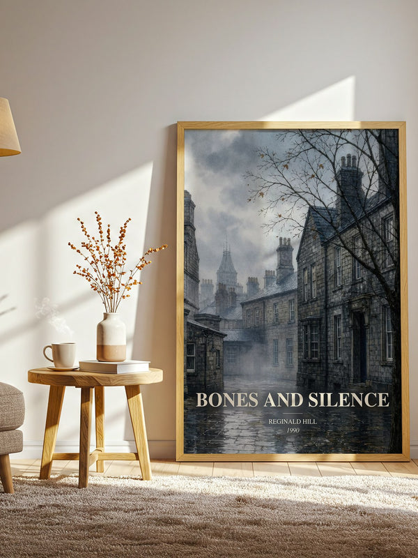 Bones and Silence watercolour print in frame leaning in hallway – crime wall art