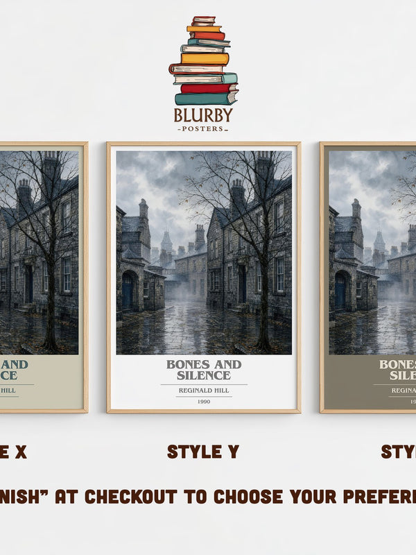 Bones and Silence book cover print in frame leaning in hallway – crime wall art
