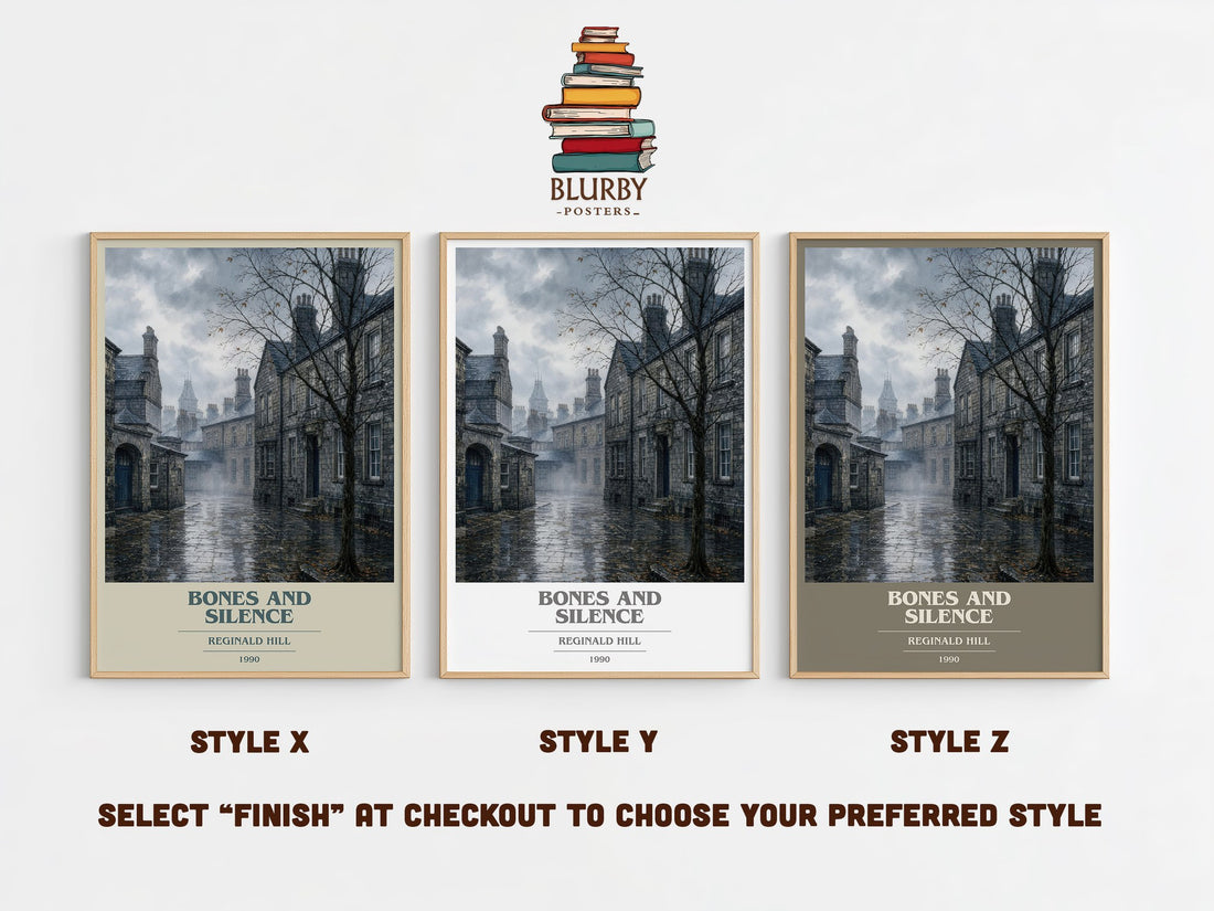 Bones and Silence book cover print in frame leaning in hallway – crime wall art (mockup)